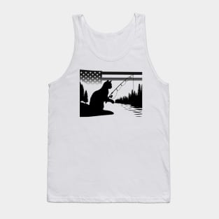 Patriotic American Flag Fishing 4th of July Silhouette Cat Tank Top